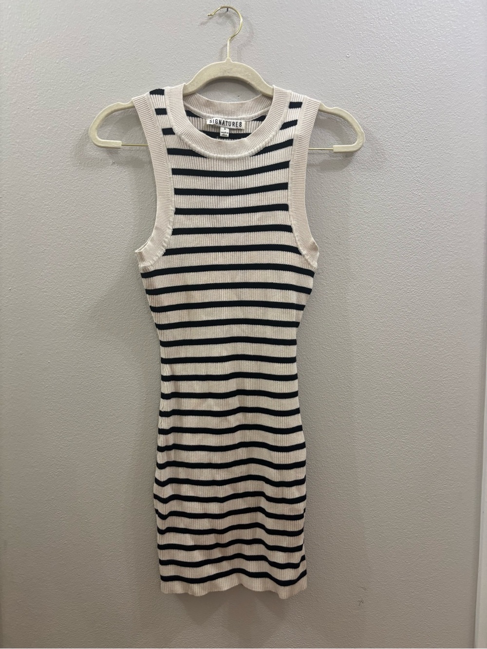 Signature8 Black & Cream Striped Ribbed Sleeveless Dress